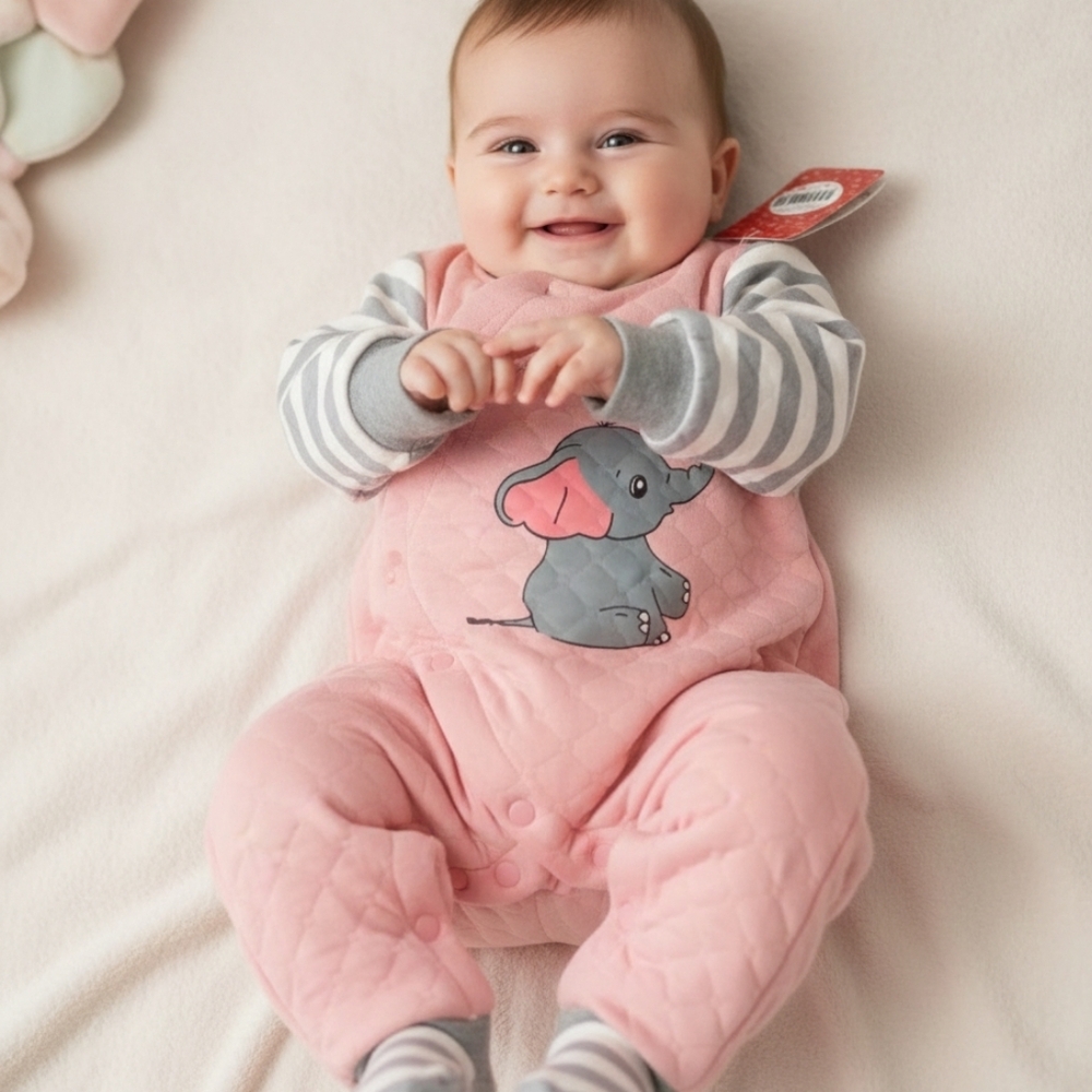 NEW Infant Pink Quilted Romper with Elephant Graphic and Striped Sleeves